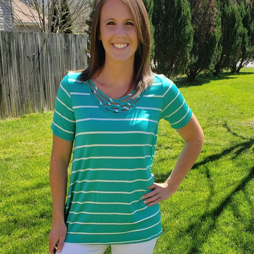 Short Sleeve Stripe Criss Cross Top Shirt Mint